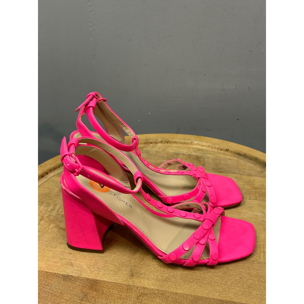 Marc Fisher Heeled Sandals Womens 7M Pink Block Heel T-Strap Square Toe Studded